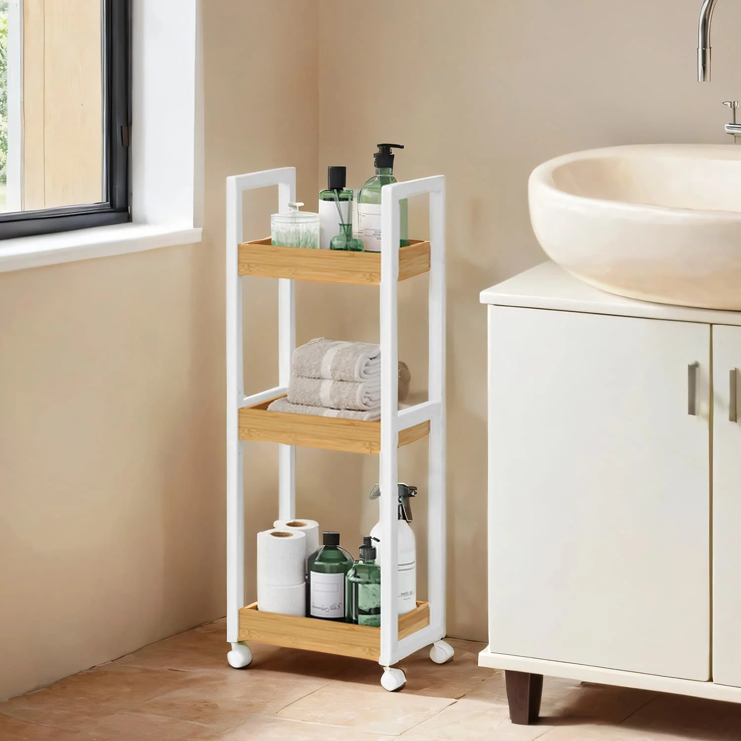 Badezimmerregal mit 3 Ebenen schmal platzsparend weiß-naturfarben - Image 2