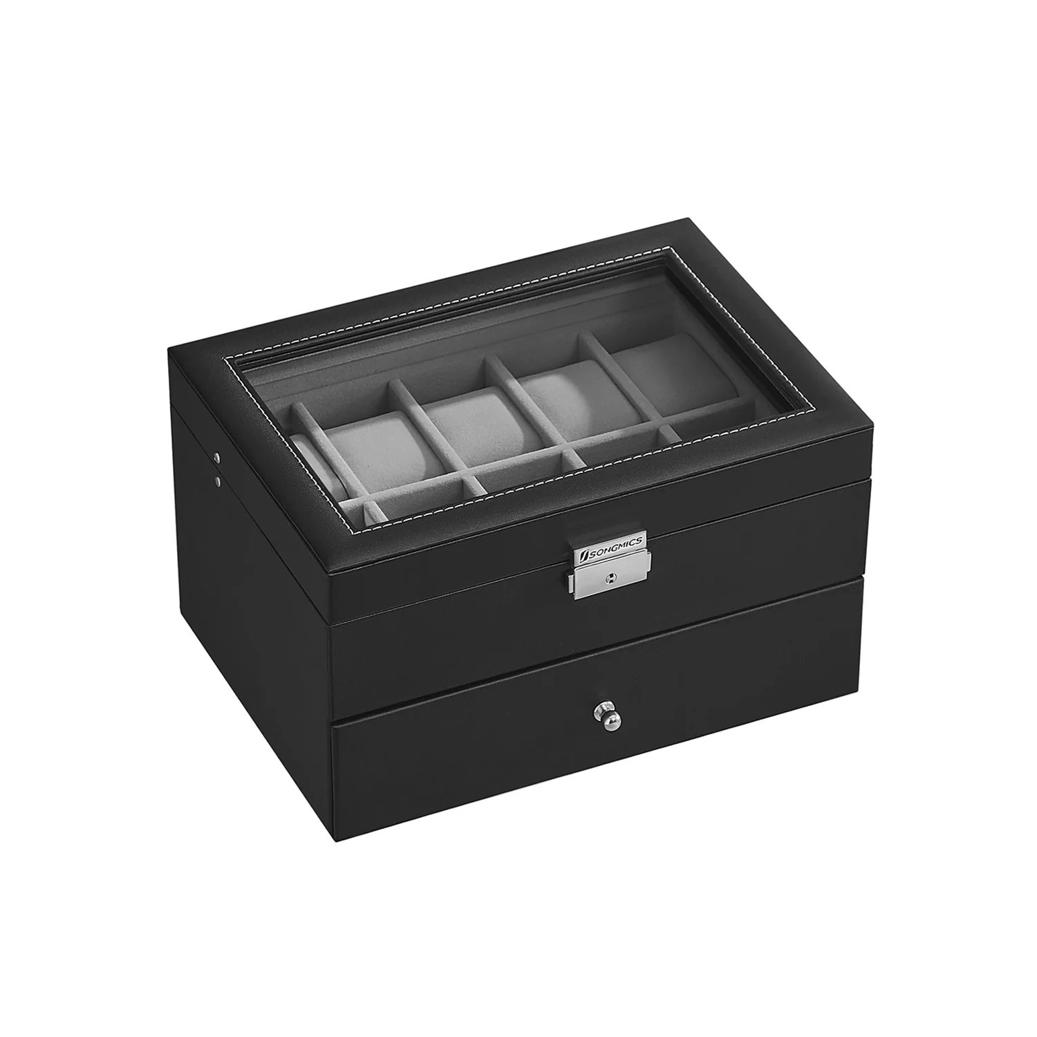 Uhrenbox 2 Ebenen mit Glasdeckel und herausnehmbaren Uhrenkissen