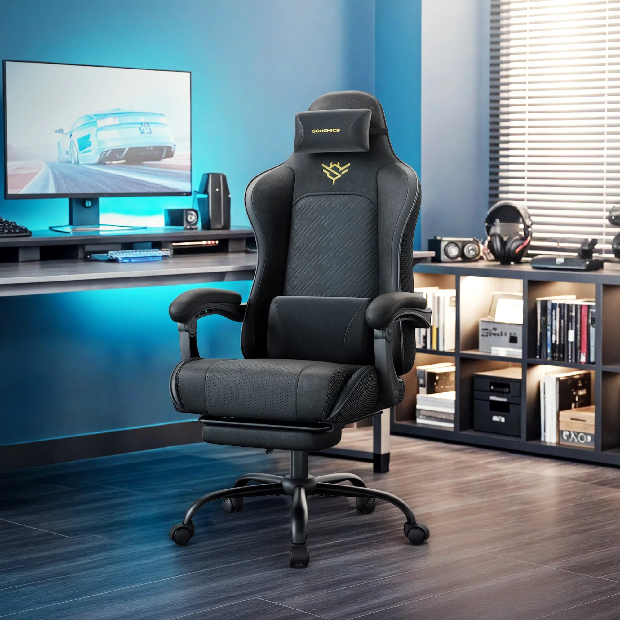 Ergonomischer Gaming Stuhl mit Fußstütze und Federkissen