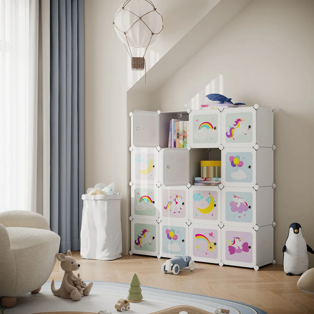 Regalsystem aus Kunststoff mit 16 Würfeln und Türen für Kinder