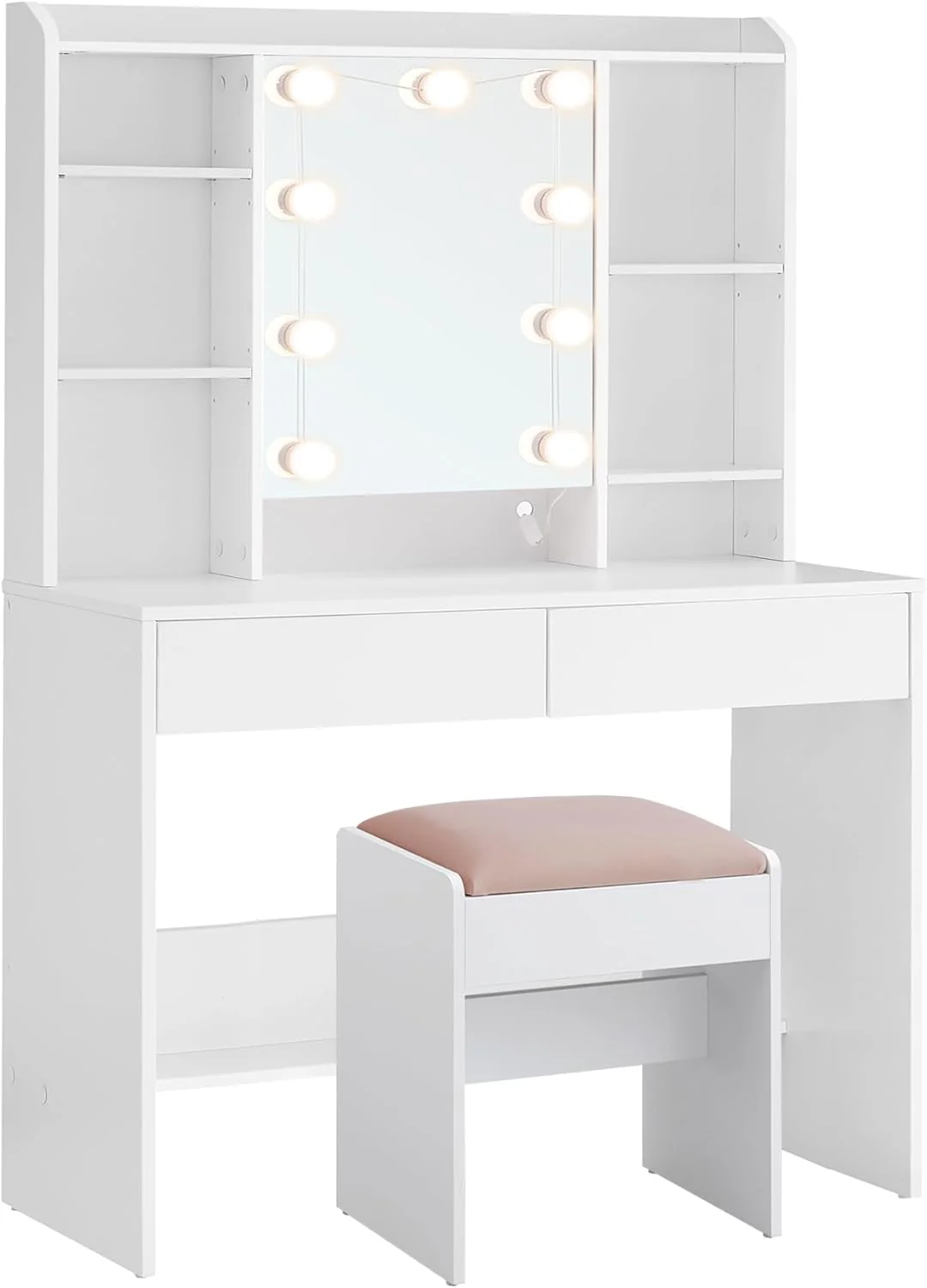 VASAGLE Schminktisch mit Beleuchtung, einstellbare Helligkeit, Hocker, Frisiertisch mit Spiegel, Kosmetiktisch mit verstellbaren Ablagen, 2 Schubladen, modern, wolkenweiß und pastellrosa - Image 2