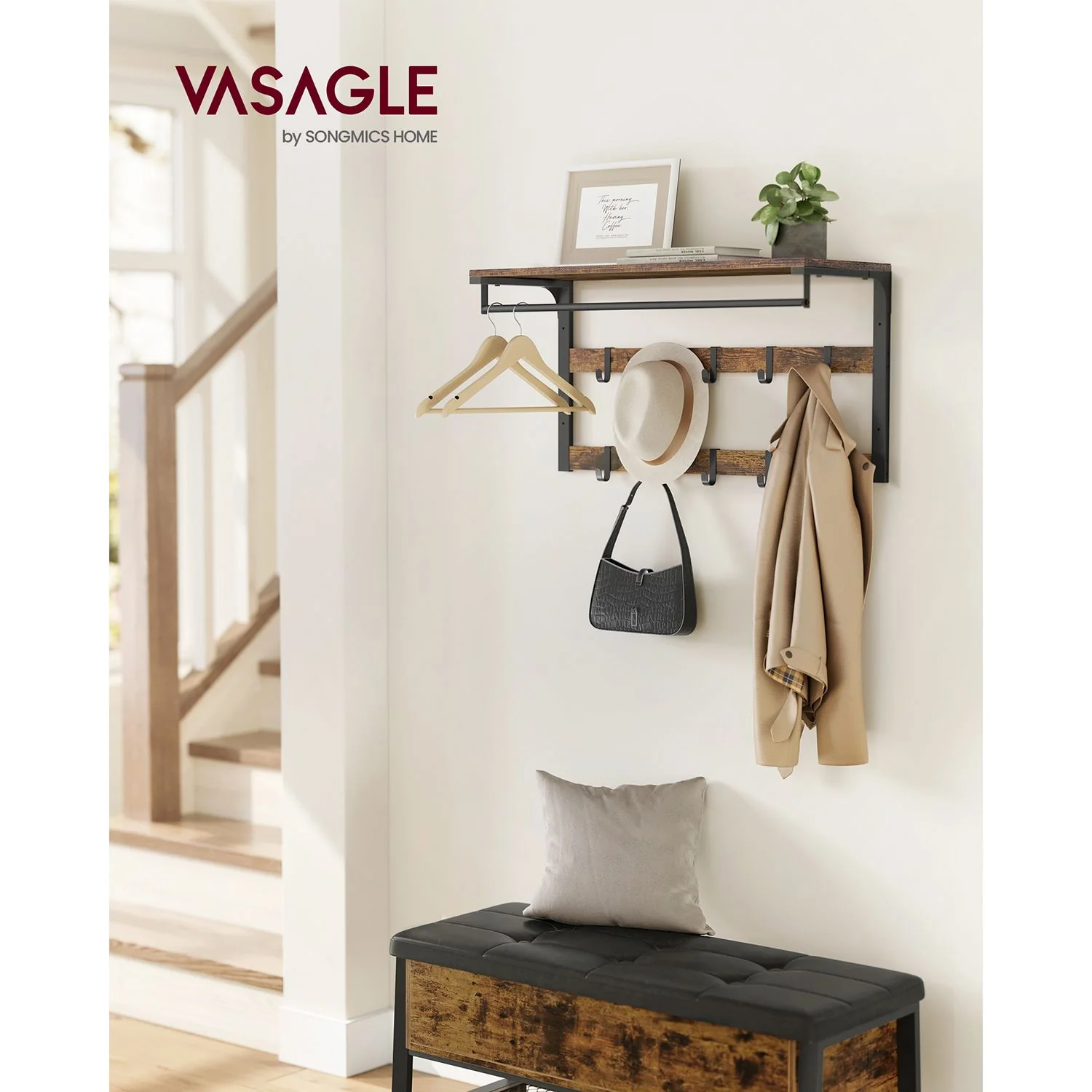 Wandgarderobe mit Ablage und 10 abnehmbaren Haken - Image 2
